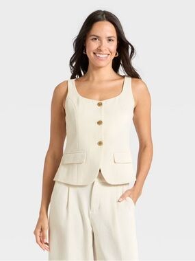 A New Day XL NWT Cream Button Front Vest Tailored Pockets Minimalist Chic Layer